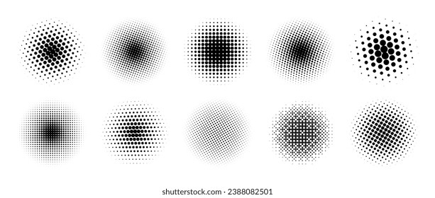 Halftone gradient circles collection. Dots textured round patterns. Cartoon comic radial faded background set. Abstract pixelated elements for frame, poster, collage, banner, flyer. Vector bundle