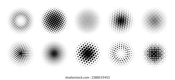 Halftone gradient circles collection. Dots textured round patterns. comic radial faded background set. Abstract pixelated elements for frame, poster, collage, banner, flyer. Vector cartoon bundle svg