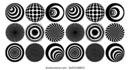 Colección de círculos de degradado de semitonos. Puntos texturizados patrones redondos. Conjunto de fondo descolorido radial cómico de dibujos animados. Elementos pixelados Abstractas para el marco, cartel, collage, Anuncio, volante. Paquete de Vector	
