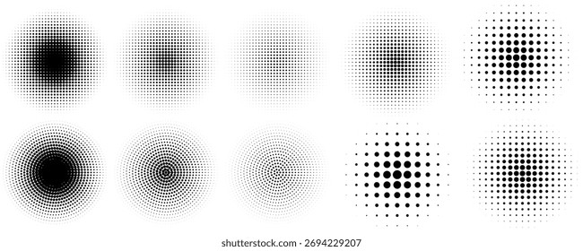 Halftone gradient circles collection. Dots textured round patterns. Cartoon comic radial faded background set. Abstract pixelated elements for frame, poster, collage, banner, flyer. Vector bundle	