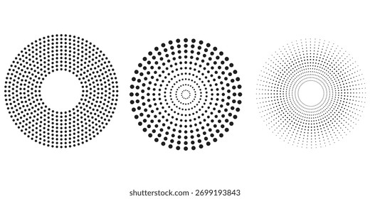 Halftone gradient circles collection. Dots textured round patterns. Cartoon comic radial faded background set. Abstract pixelated elements for frame, poster, collage, banner, flyer. Vector bundle