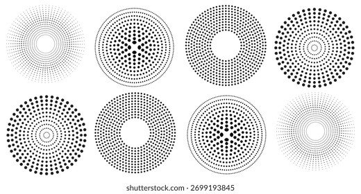 Colección de círculos de degradado de semitonos. Puntos texturizados patrones redondos. Conjunto de fondo descolorido radial cómico de dibujos animados. Elementos pixelados Abstractas para el marco, cartel, collage, Anuncio, volante. Paquete de Vector