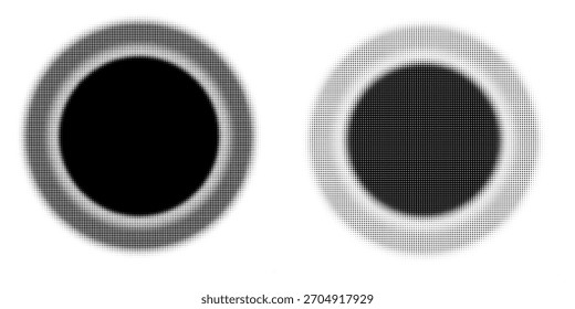 Halftone gradient circles collection. Dots textured round patterns. Cartoon comic radial faded background set. Abstract pixelated elements for frame, poster, collage, banner, flyer. Vector bundle	
