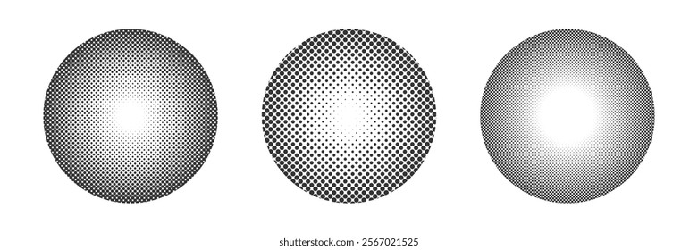 Halftone Gradient circles set. Pop art comic dotted Texture. Black Dots circle isolated on white. Monochrome Design element. Geometric round shapes. Half tone effect