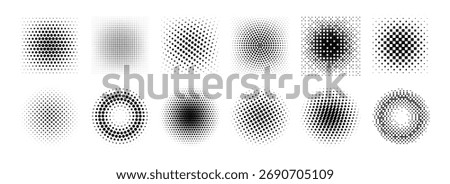 Halftone gradient collection. Dotted textured round and square patterns. Cartoon faded background set. Pixelated bitmap element pack for frame, poster, collage, banner. Vector comic bundle