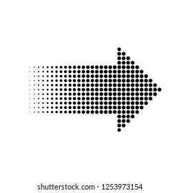 Halftone gradient dots arrow, isolated graphic element, vector illustration