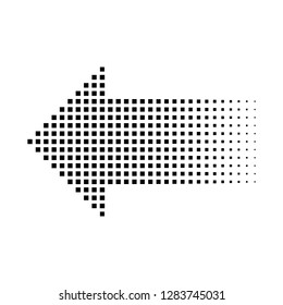 Halftone gradient dots arrow, small squares, isolated graphic element, vector illustration