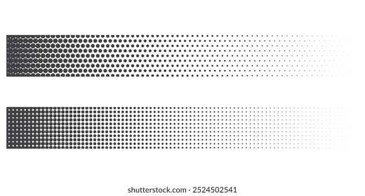 Halftone gradient. Dotted gradient, fine dot spray and halftone dot background, seamless horizontal geometric pattern vector template set. unique, modern dots
