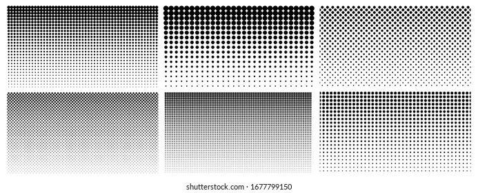 Halftone gradient. Dotted gradient, smooth dots spraying and halftones dot background seamless horizontal geometric pattern vector template set. Abstract dot gradient halftone pattern illustration