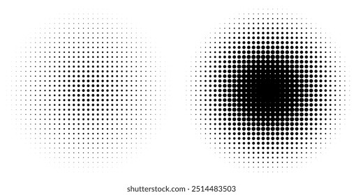 Halbtongradient. Gepunktete Farbverlauf, glatte Punkte Sprühen und Halbtöne Punkt Hintergrund nahtlose horizontale geometrische Muster Vektor Vorlage Satz. einzigartige Punkte moderne Kreise	
