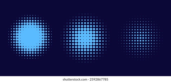 Halftone gradient. Dotted gradient, smooth dots spraying and halftones dot background seamless. Blue concentric ripple circles set. Sonar or sound wave rings collection. Target, radar icon concept.