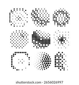 Gradiente de meio-tom. Gradiente pontilhado, borrifadas de pontos suaves e padrões de mistura de arte de ponto pop com meio-tom