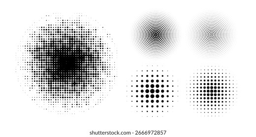 Gradiente de meio-tom. Gradiente pontilhado, pulverização de pontos suaves e fundo de pontos de meio-tons conjunto de modelo de vetor de padrão geométrico horizontal sem costura.	
