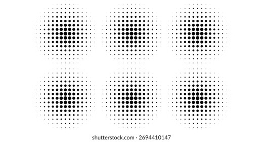 Halftone gradient. Dotted gradient, smooth dots spraying and halftones dot background seamless horizontal geometric pattern vector template set