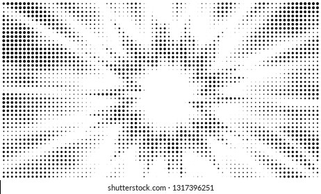Halftone gradient explosion pattern. Abstract halftone vector dots background. Fireworks dots pattern. Pop Art, Comic small dots. Star rays halftone poster. Shine, sun rays. Outer space, sunrise rays