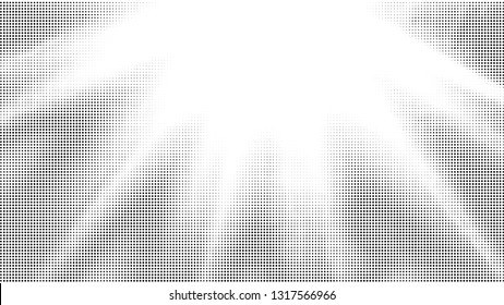 Halftone gradient explosion pattern. Abstract halftone vector dots background. Fireworks dots pattern. Pop Art, Comic small dots. Star rays halftone poster. Shine, sun rays. Outer space, sunrise rays