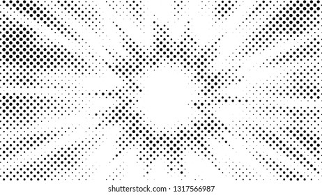 Halftone gradient explosion pattern. Abstract halftone vector dots background. Fireworks dots pattern. Pop Art, Comic small dots. Star rays halftone poster. Shine, sun rays. Outer space, sunrise rays