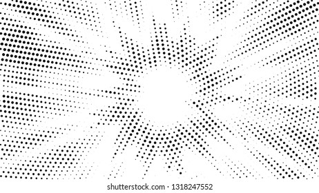Halftone gradient explosion pattern. Abstract halftone vector dots background. Fireworks dots pattern. Pop Art, Comic small dots. Star rays halftone poster. Shine, sun rays. Radial space, sunrise rays