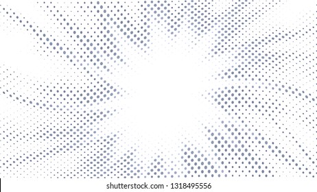 Halftone gradient explosion pattern. Abstract halftone vector dots background. Fireworks gray dots pattern. Pop Art, Comic small dots. Star rays halftone poster. Shine, sun rays. Twisted wave sunrise