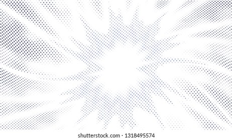 Halftone gradient explosion pattern. Abstract halftone vector dots background. Fireworks gray dots pattern. Pop Art, Comic small dots. Star rays halftone poster. Shine, sun rays. Twisted wave sunrise