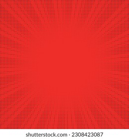 Halftone gradient explosion pattern. Abstract red halftone vector dots background. Fireworks dots pattern. Pop Art, Comic small dots. Star rays halftone poster. Outer space, sunrise rays.