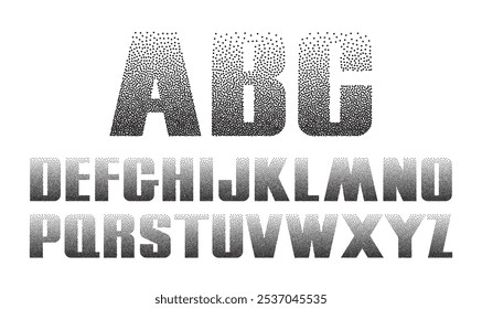 Halftone gradient grain letters. Vector stipple dotted textured font