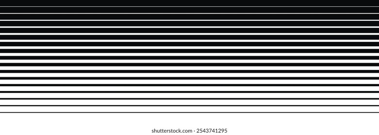 Padrão de linhas de gradiente de meio-tom. Linhas pretas de meio-tom desbotadas. Fundo de gradiente esmaecido. Textura geométrica abstrata horizontal com linhas paralelas.