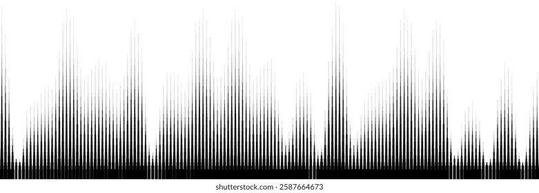 Halftone gradient with lines as a sound wave. Signals with different amplitude on timeline distribution as a graph with different height and density range.