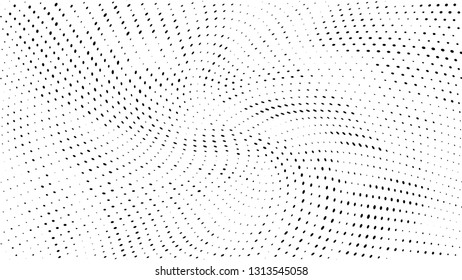 Halftone gradient pattern. Abstract halftone dots background. Monochrome dots pattern. Grunge wave texture. Pop Art Comic small dots. Radial twisted dots. Design for presentation, report, flyer, cover