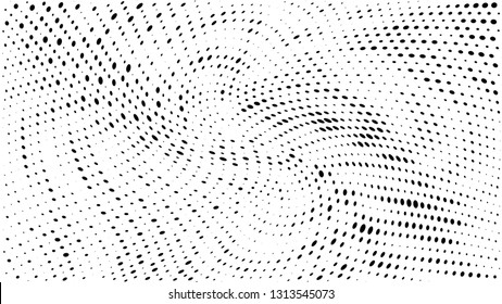 Halftone gradient pattern. Abstract halftone dots background. Monochrome dots pattern. Grunge wave texture. Pop Art Comic small dots. Radial twisted dots. Design for presentation, report, flyer, cover
