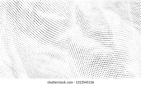 Halftone gradient pattern. Abstract halftone dots background. Monochrome dots pattern. Grunge wave texture. Pop Art Comic small dots. Radial twisted dots. Design for presentation, report, flyer, cover