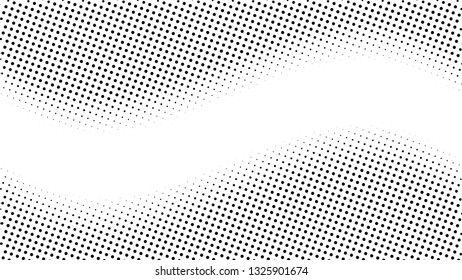 Halftone gradient pattern. Abstract halftone dots background. Monochrome dots pattern. Pop Art, Comic small dots. Wavy twisted strip. Banner with space. Design for presentation, report, flyer, card