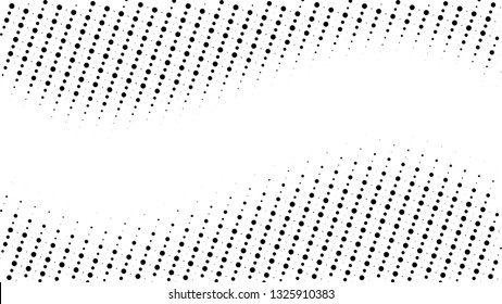 Halftone gradient pattern. Abstract halftone dots background. Monochrome dots pattern. Pop Art, Comic small dots. Wavy twisted strip. Banner with space. Design for presentation, report, flyer, card