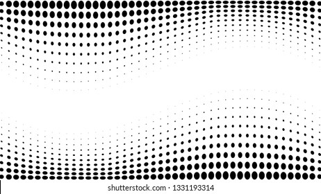 Halftone gradient pattern. Abstract halftone dots background. Monochrome dots pattern. Grunge texture. Pop Art, Comic small dots. Wave twisted dots. Banner with space. Template for cover, card, flyer