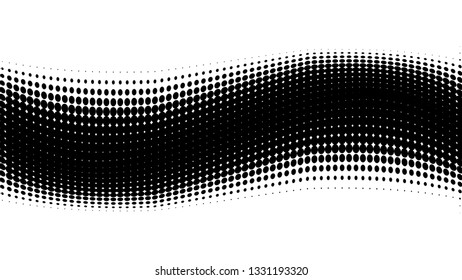 Halftone gradient pattern. Abstract halftone dots background. Monochrome dots pattern. Grunge texture. Pop Art, Comic small dots. Wave twisted dots. Banner with space. Template for cover, card, flyer