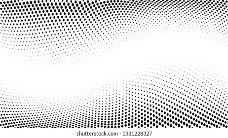 Halftone gradient pattern. Abstract halftone dots background. Monochrome dots pattern. Grunge texture. Pop Art, Comic small dots. Wave twisted dots. Banner with space. Template for cover, card, flyer