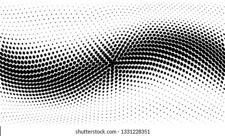 Halftone gradient pattern. Abstract halftone dots background. Monochrome dots pattern. Grunge texture. Pop Art, Comic small dots. Wave twisted dots. Banner with space. Template for cover, card, flyer
