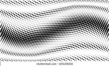 Halftone gradient pattern. Abstract halftone dots background. Monochrome dots pattern. Grunge texture. Pop Art, Comic small dots. Wave twisted dots. Banner with space. Template for cover, card, flyer
