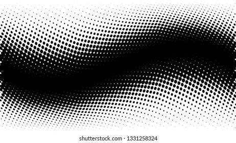 Halftone gradient pattern. Abstract halftone dots background. Monochrome dots pattern. Grunge texture. Pop Art, Comic small dots. Wave twisted dots. Banner with space. Template for cover, card, flyer