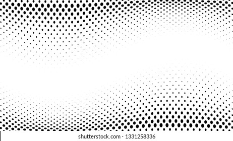 Halftone gradient pattern. Abstract halftone dots background. Monochrome dots pattern. Grunge texture. Pop Art, Comic small dots. Wave twisted dots. Banner with space. Template for cover, card, flyer