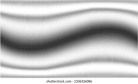 Halftone gradient pattern. Abstract halftone dots background. Monochrome dots pattern. Grunge texture. Pop Art, Comic small dots. Wave twisted dots. Banner with space. Template for cover, card, flyer
