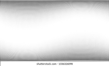 Halftone gradient pattern. Abstract halftone dots background. Monochrome dots pattern. Grunge texture. Pop Art, Comic small dots. Wave twisted dots. Banner with space. Template for cover, card, flyer