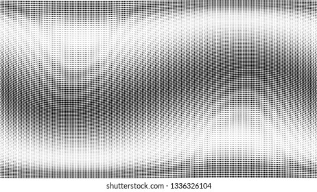 Halftone gradient pattern. Abstract halftone dots background. Monochrome dots pattern. Grunge texture. Pop Art, Comic small dots. Wave twisted dots. Banner with space. Template for cover, card, flyer