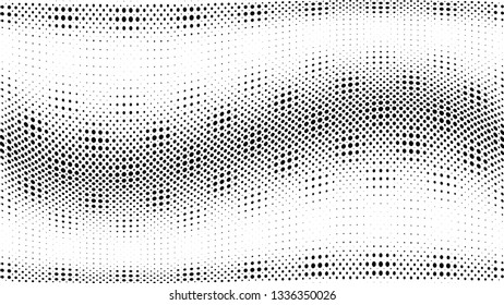Halftone gradient pattern. Abstract halftone dots background. Monochrome dots pattern. Grunge texture. Pop Art, Comic small dots. Wave twisted dots. Banner with space. Template for cover, card, flyer