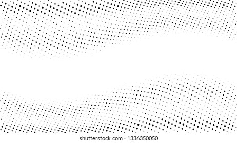 Halftone gradient pattern. Abstract halftone dots background. Monochrome dots pattern. Grunge texture. Pop Art, Comic small dots. Wave twisted dots. Banner with space. Template for cover, card, flyer