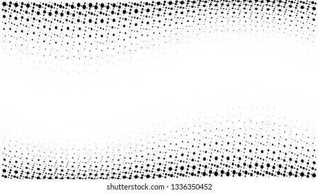 Halftone gradient pattern. Abstract halftone dots background. Monochrome dots pattern. Grunge texture. Pop Art, Comic small dots. Wave twisted dots. Banner with space. Template for cover, card, flyer