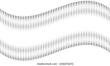 Halftone gradient pattern. Abstract halftone dots background. Monochrome dots pattern. Grunge texture. Pop Art, Comic small dots. Wavy twisted strip. Banner with space. Template for cover, card, flyer