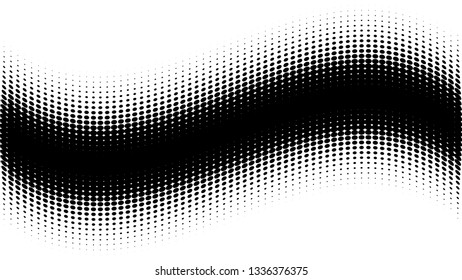 Halftone gradient pattern. Abstract halftone dots background. Monochrome dots pattern. Grunge texture. Pop Art, Comic small dots. Wavy twisted strip. Banner with space. Template for cover, card, flyer