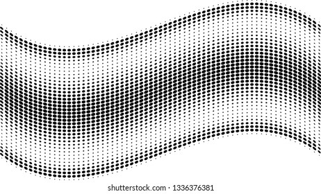 Halftone gradient pattern. Abstract halftone dots background. Monochrome dots pattern. Grunge texture. Pop Art, Comic small dots. Wavy twisted strip. Banner with space. Template for cover, card, flyer