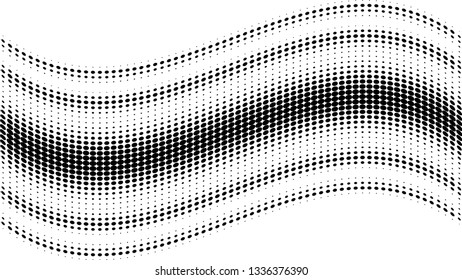 Halftone gradient pattern. Abstract halftone dots background. Monochrome dots pattern. Grunge texture. Pop Art, Comic small dots. Wavy twisted strip. Banner with space. Template for cover, card, flyer
